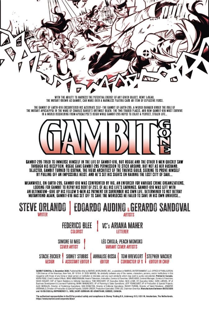 Comic book cover featuring the character Gambit, with action scenes set in a dynamic layout. The title 'GAMBIT GONE' is prominently displayed along with credits for writers and artists.