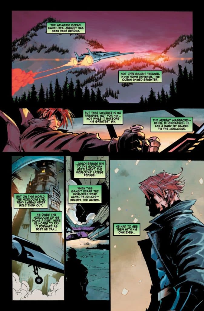 A comic book page featuring a character named Gambit reflecting on his past while standing near a futuristic aircraft. The backdrop shows a sunset over the Atlantic Ocean and dense forest, with dialogue exploring themes of regret and responsibility towards the Morlocks.