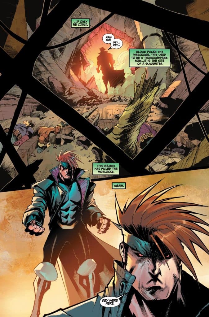 A comic book scene depicting two characters, one in a trench coat looking over a ruined landscape with shadows and debris, while another character with a distinct hairstyle expression reflects on a past event. Text boxes convey a somber narrative.