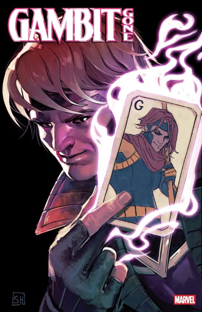 Cover art for 'Gambit Gone' featuring a character with long hair holding a playing card that displays a drawing of themselves, surrounded by a glowing energy effect.