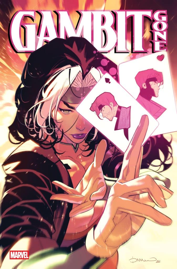 Comic book cover featuring a character with long hair and a headband, holding playing cards. The title 'GAMBIT' is prominently displayed at the top, with vibrant colors and dynamic outlines.