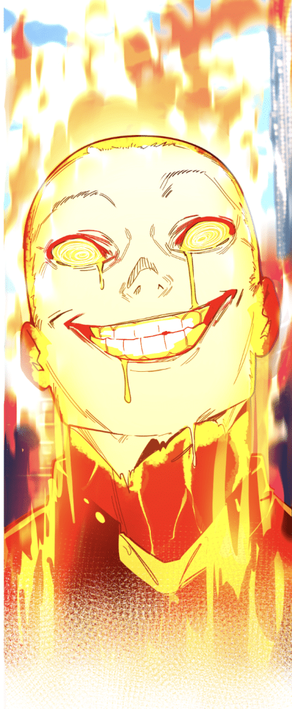 A brightly colored illustration of a smiling character with a bald head and exaggerated features, surrounded by flames, creating a surreal and intense atmosphere.
