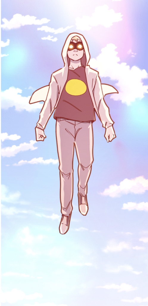 A character with a hooded jacket and sunglasses floating against a blue sky with clouds, wearing a shirt with a large yellow circle.