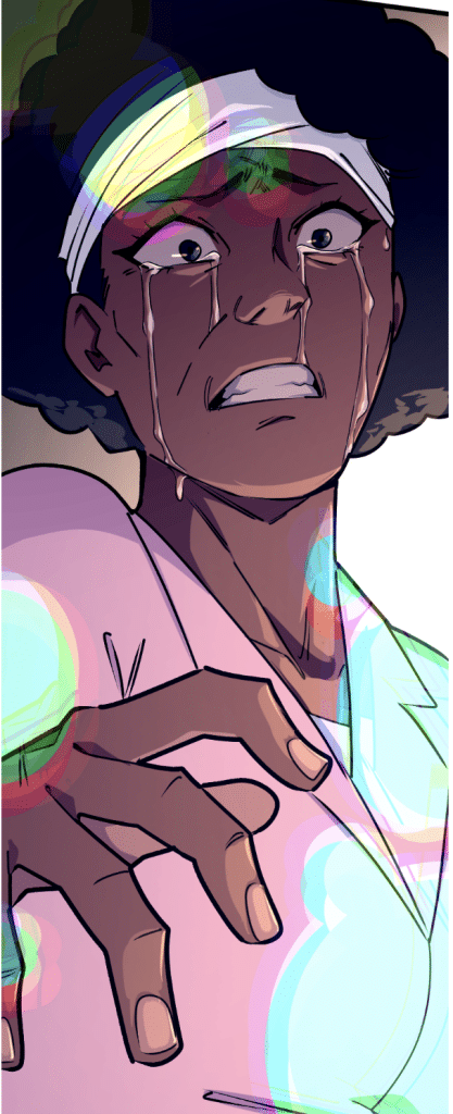 A close-up illustration of a distressed person with tears streaming down their face, looking scared or shocked. They have curly hair and are wearing a light-colored top, with a hand reaching out toward the viewer.