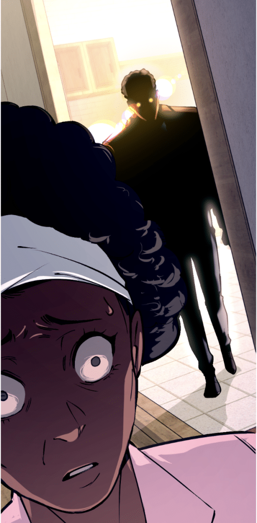 A woman with curly hair and a worried expression stands in the foreground, while a shadowy figure with eyes glowing in the background approaches her menacingly.