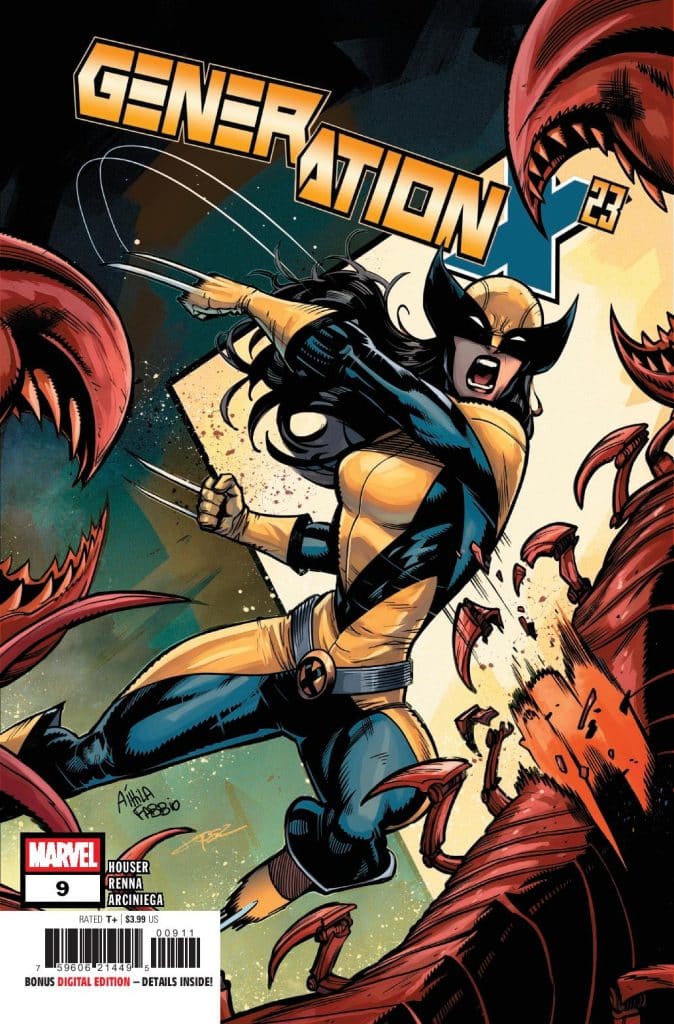 Cover of 'Generation X #9' comic book featuring a female superhero in a yellow and blue costume, wielding claws and attacking monstrous red creatures.