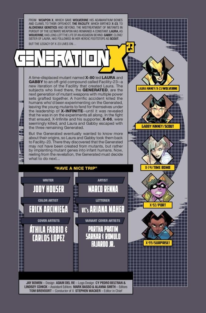 A comic page titled 'Generation X' featuring characters Laura Kinney (X-23/Wolverine), Gabby Kinney (Scout), X-74 (Time Bomb), X-92 (Prit), and X-99 (Surprise). The page includes information about the creative team and a storyline overview about a time-displaced mutant involved in experiments at Facility-23.