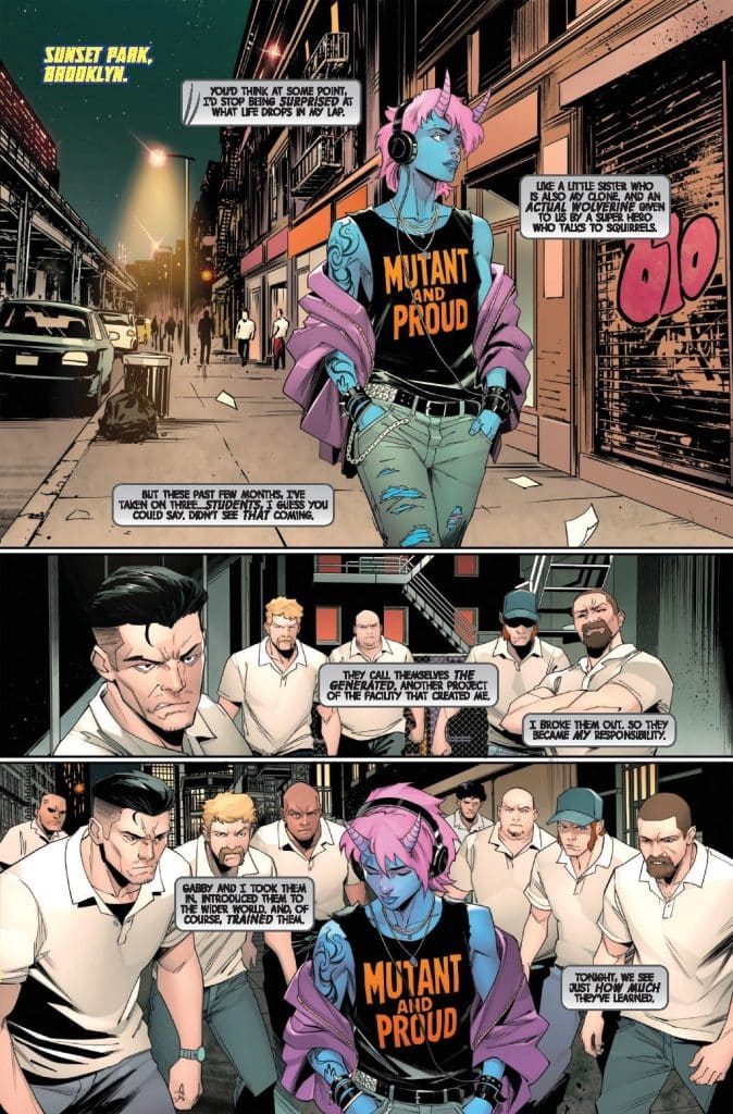 A blue-skinned character with pink hair wearing a 'MUTANT AND PROUD' shirt and headphones, standing in a Brooklyn street, surrounded by several men in white shirts, discussing their experiences and responsibilities.