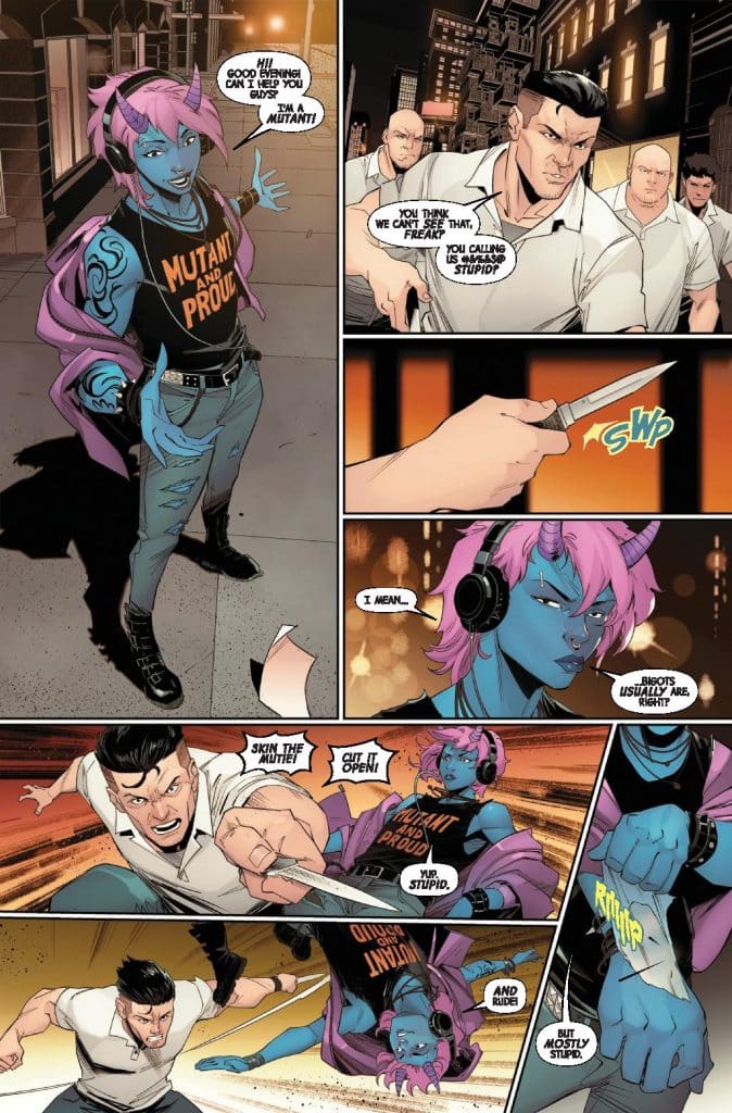 Comic panel featuring a blue-skinned character with pink hair wearing a 'Mutant and Proud' shirt and headphones, engaging in a confrontation with a group of aggressive individuals holding weapons.