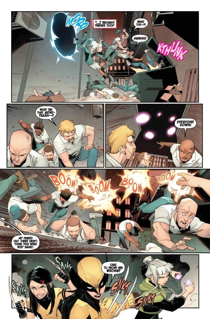 A comic book panel showing characters in a chaotic scene with one character bringing friends through a portal, as others react in surprise and fear. There are explosions and an action-packed atmosphere.