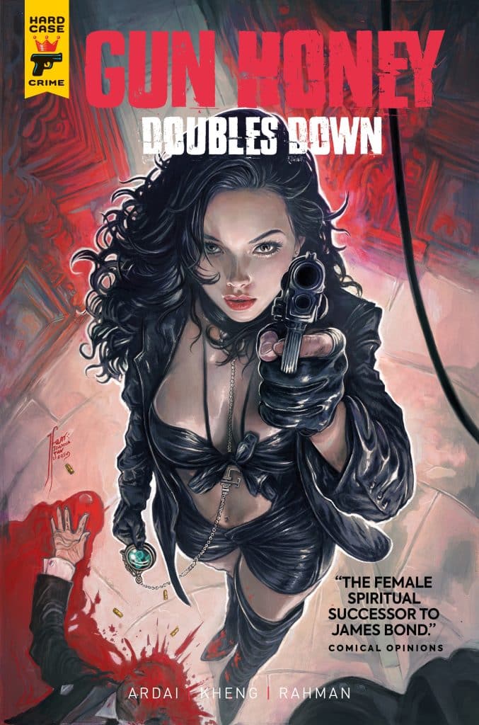 Cover art for the comic 'Gun Honey: Doubles Down' featuring a woman holding a firearm, dressed in a black outfit, with a dramatic backdrop. The design includes a quote praising the work.