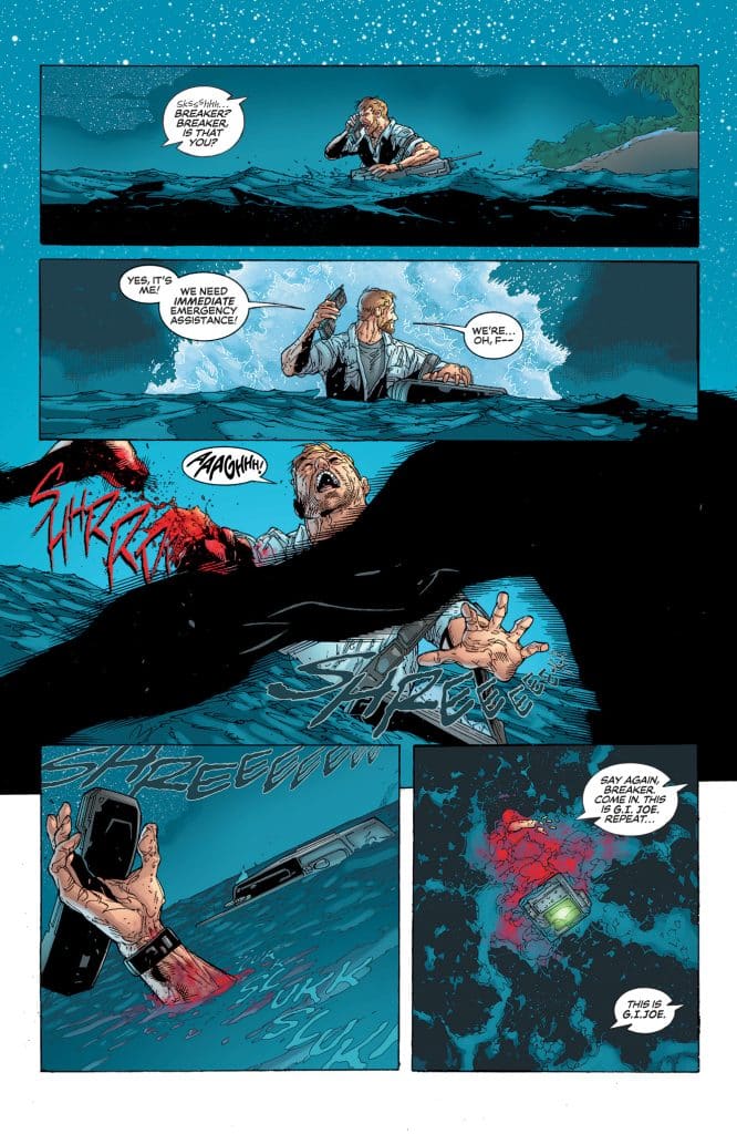 A comic panel depicting a tense scene in the ocean. Two characters are in distress, one is calling for help on a radio while struggling in the water. In the foreground, a hand clutches a sinking phone, and red splashes suggest danger or injury.