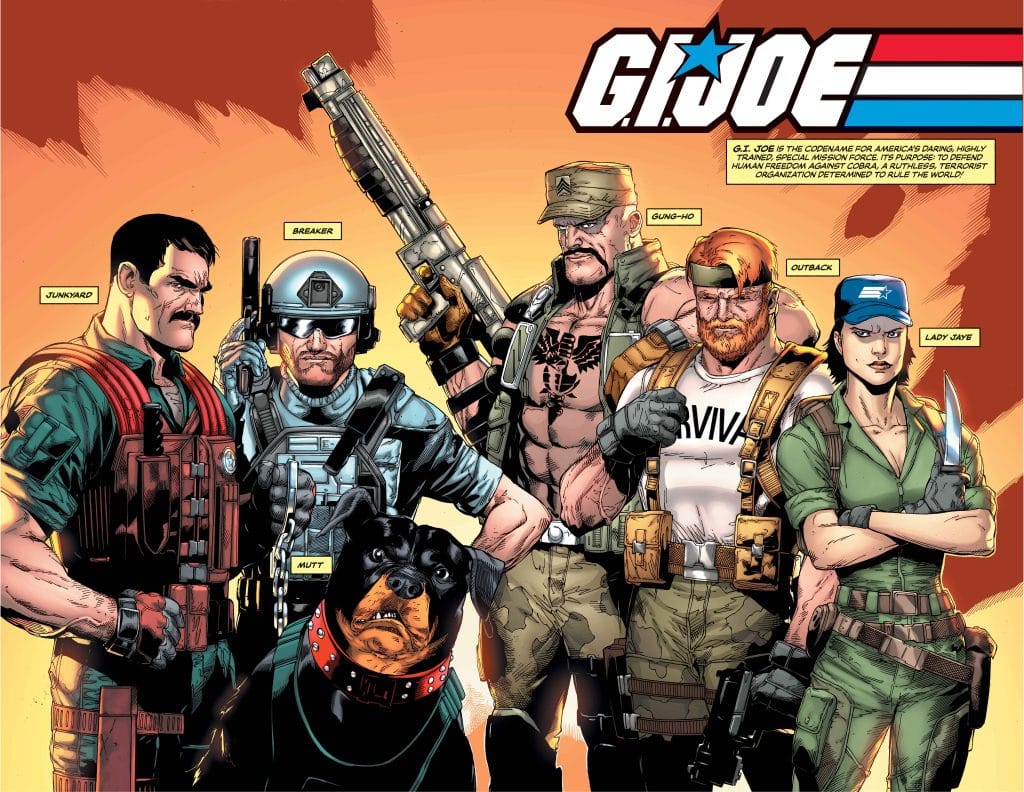 A group of six G.I. Joe characters, including soldiers and a Rottweiler dog, standing together with diverse weapons and gear, showcasing their battle-ready appearance.