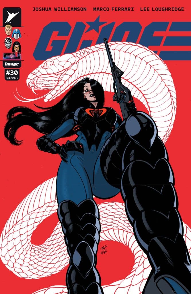 Comic book cover for G.I. Joe #30 featuring a female character in a sleek black suit holding a gun, with a large white snake coiled around her against a bright red background.