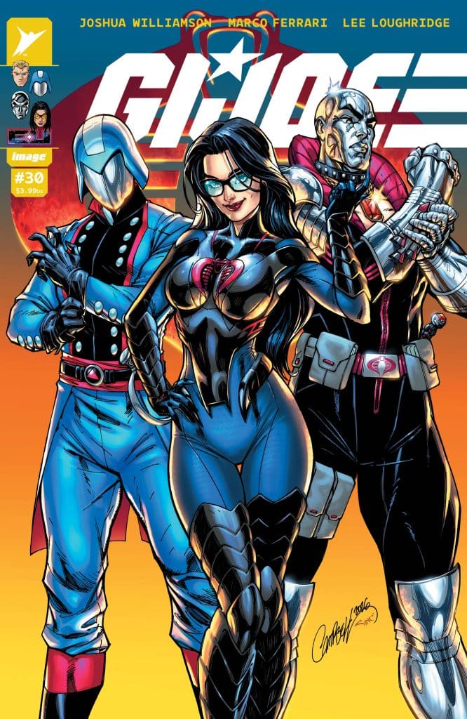 Cover art for G.I. Joe issue #30 featuring three characters in superhero costumes, with a colorful background.