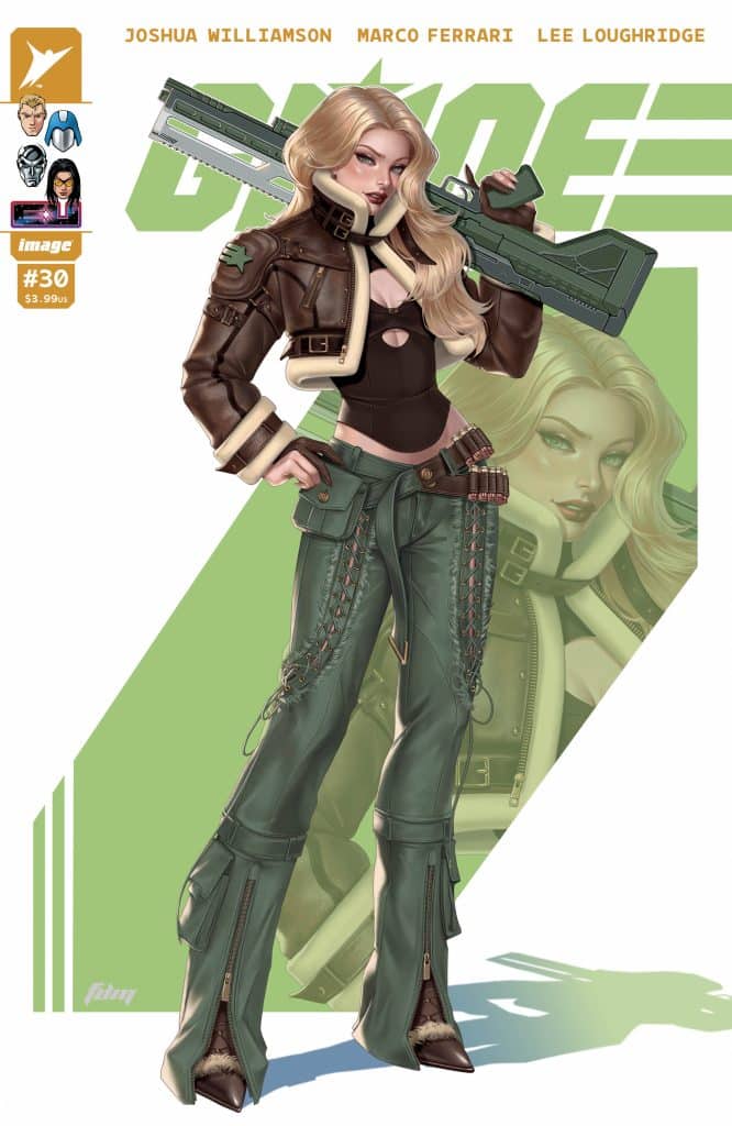 A stylized comic book cover featuring a blonde female character in a futuristic outfit. She holds a large weapon and poses confidently, with a green background and her image partially shadowed behind her.