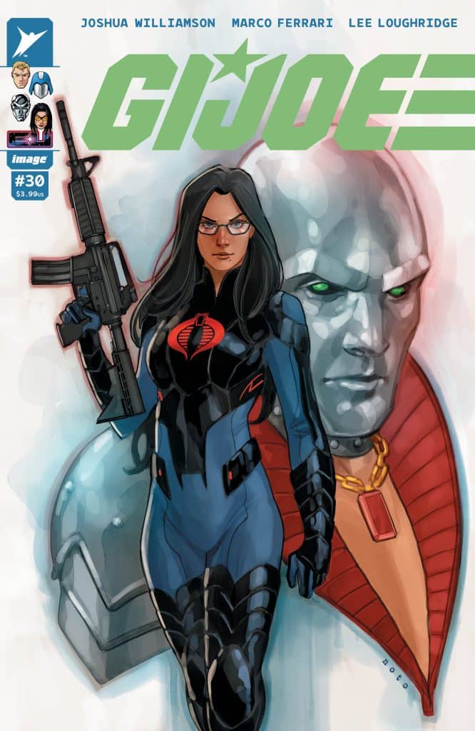Comic book cover of G.I. Joe #30 featuring a female character in a tactical suit holding a rifle, with a robotic figure in the background.