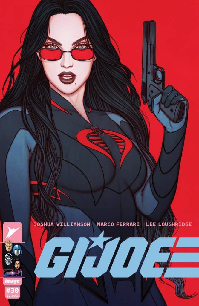 A bold comic book cover featuring a female character with long black hair, wearing red sunglasses and a form-fitting black costume with a Cobra emblem, holding a handgun against a striking red background.