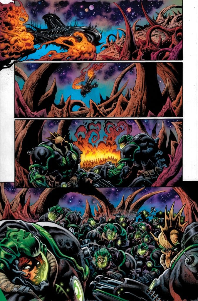 A cosmic scene depicting a spaceship in the background, surrounded by vibrant explosions and a colorful space backdrop, featuring rocky formations.
