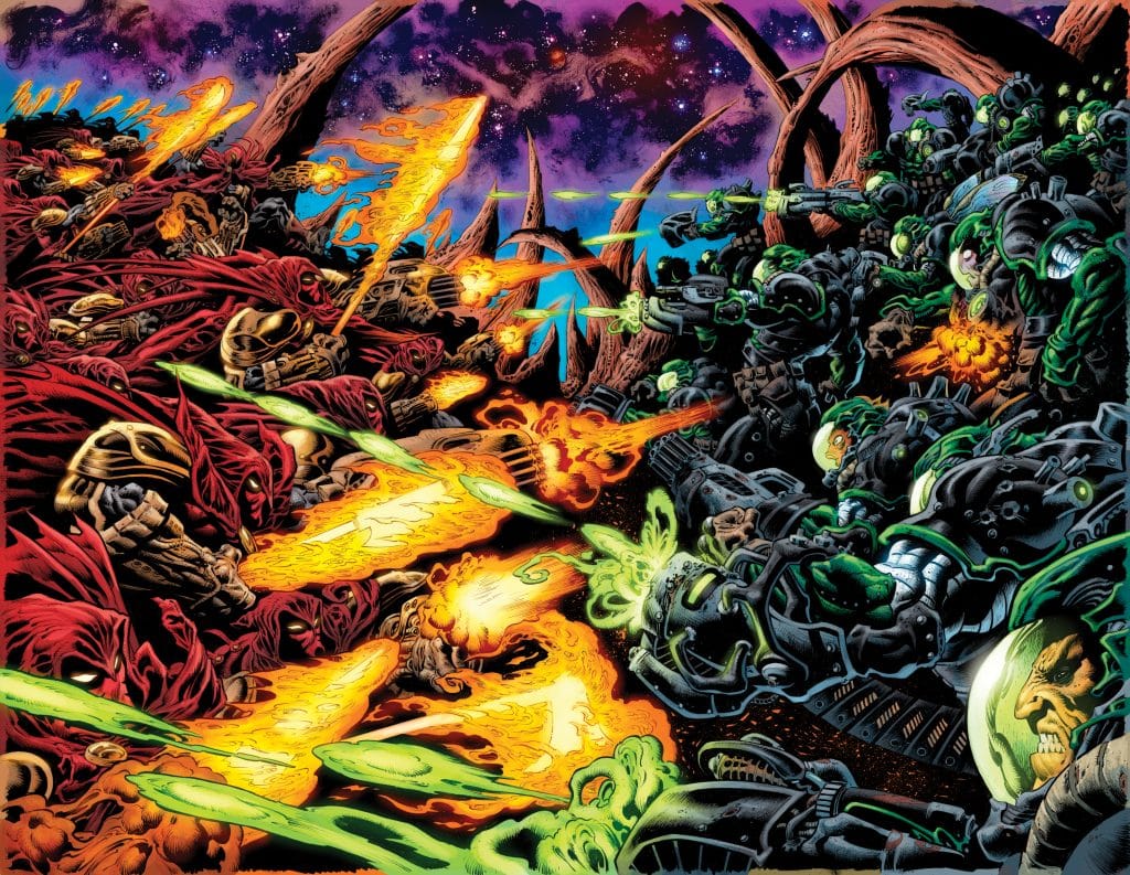 A vibrant and chaotic scene depicting an epic battle between two factions in a cosmic setting. One side features armored figures in red cloaks firing energy weapons, while the opposing side consists of soldiers in dark armor with glowing green accents, each unleashing firepower amidst a starry backdrop.