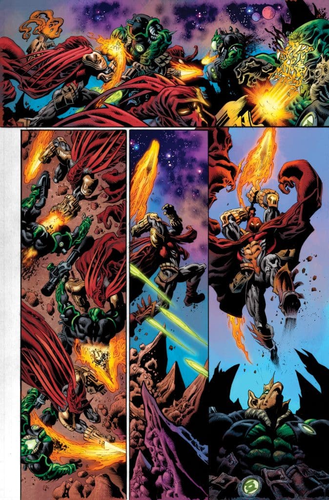A dynamic comic book scene depicting a battle in space, featuring characters in colorful costumes engaging in combat. One character wields a fiery weapon while another prepares to attack, creating an action-packed atmosphere. The backdrop shows a cosmic landscape with vibrant colors and distant planets.