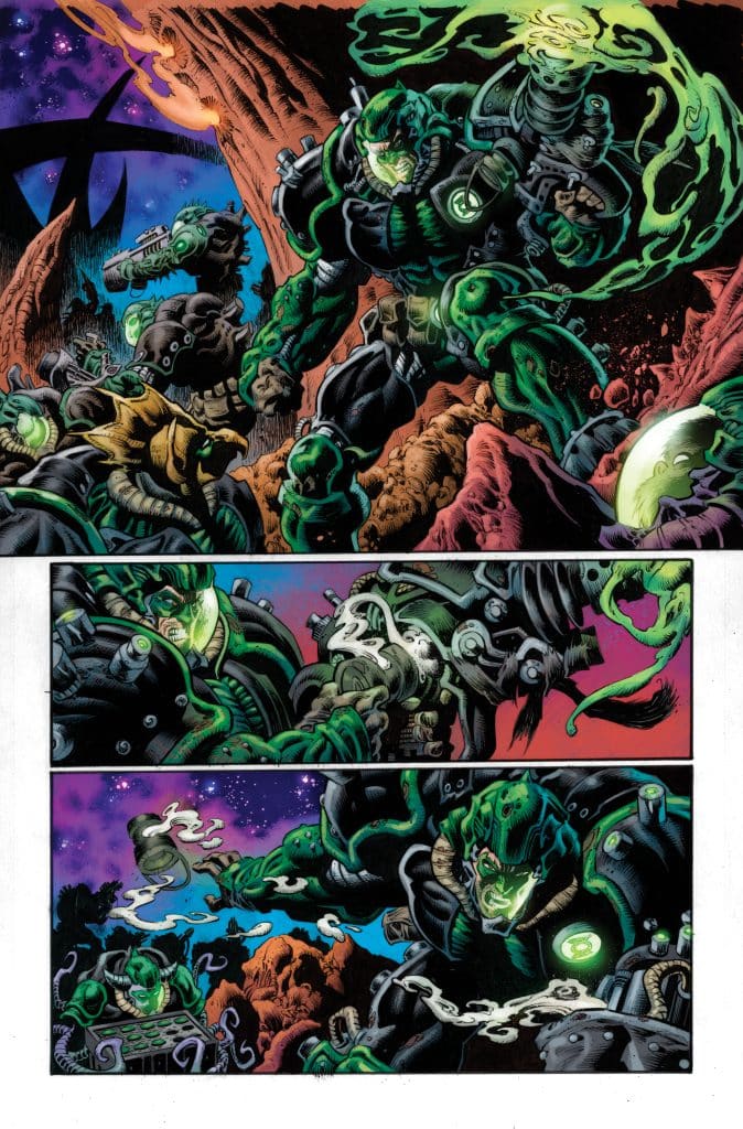 A battle scene featuring powerful armored characters, with one prominently wielding a glowing green weapon. The background showcases a cosmic setting with rocky formations and colorful space elements.