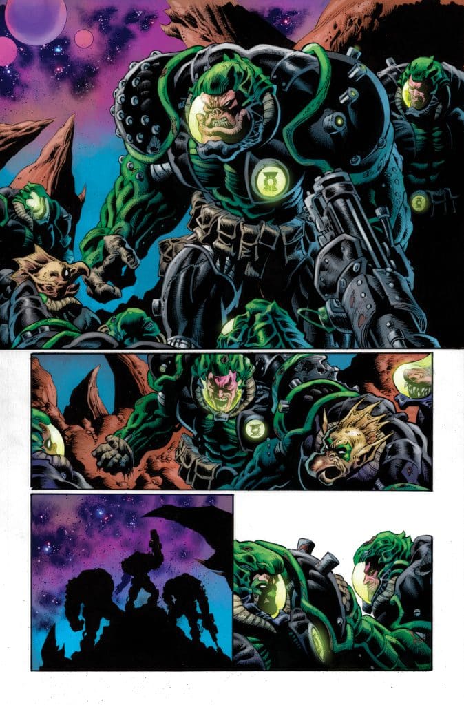 A group of muscular, green-skinned aliens in armored suits stands on a rocky terrain with a colorful cosmic background. They have fierce expressions and are equipped with weapons, suggesting a militaristic theme. In a smaller inset, silhouetted figures can be seen against a vibrant galaxy, hinting at a larger confrontation.