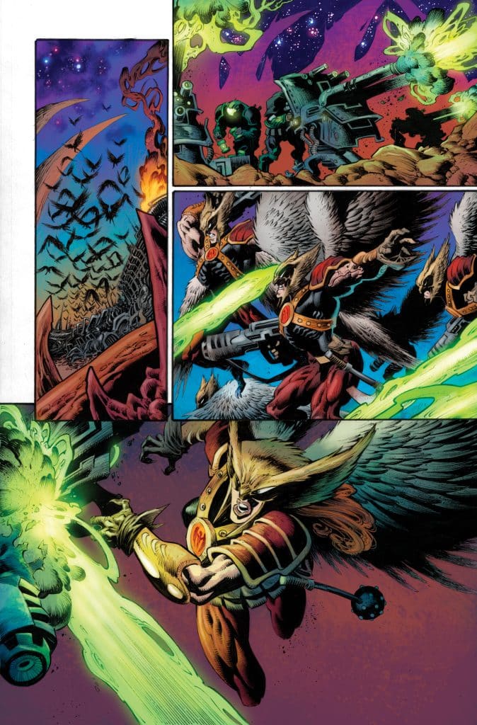 A comic book panel featuring a heroic character with wings, wielding a glowing green weapon while engaged in battle. The background shows a cosmic scene with vibrant colors, explosions, and alien machinery.