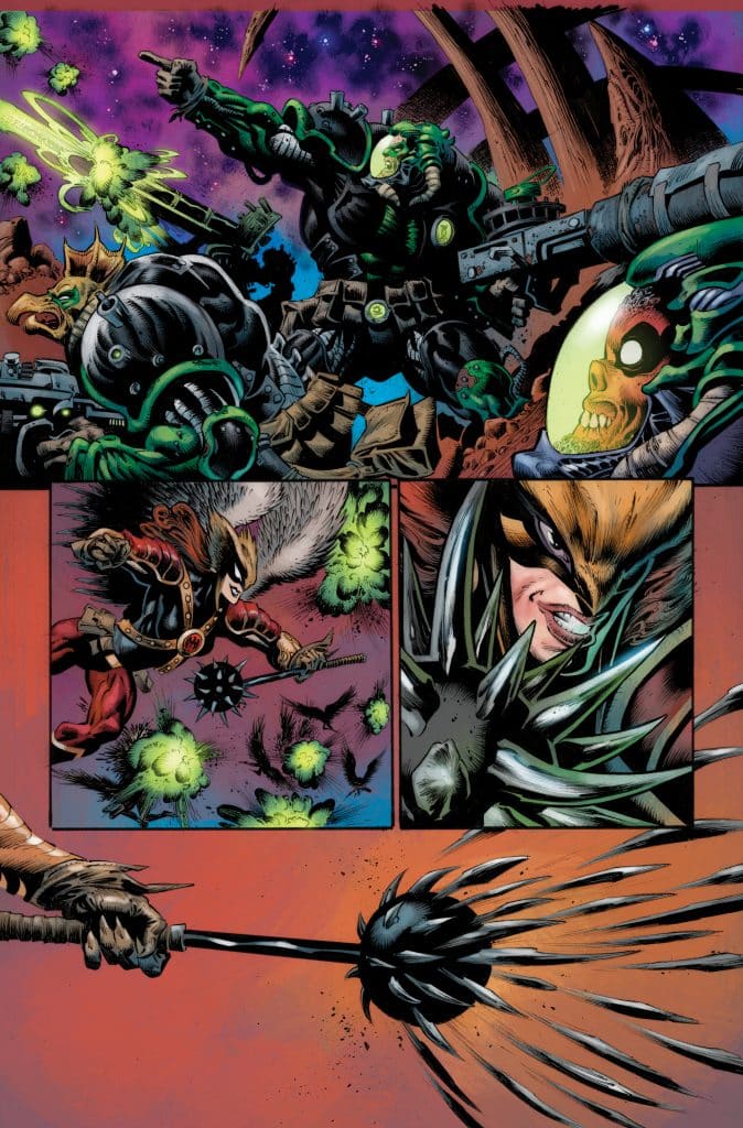 A dynamic comic book scene featuring a battle in space with various characters. The top panel shows a muscular character in armor wielding a large weapon, while green energy blasts and alien creatures fill the background. The middle panel features a character swinging a spiked weapon, and the bottom panel focuses on a close-up of a character with a fierce expression, highlighting their spiked armor.