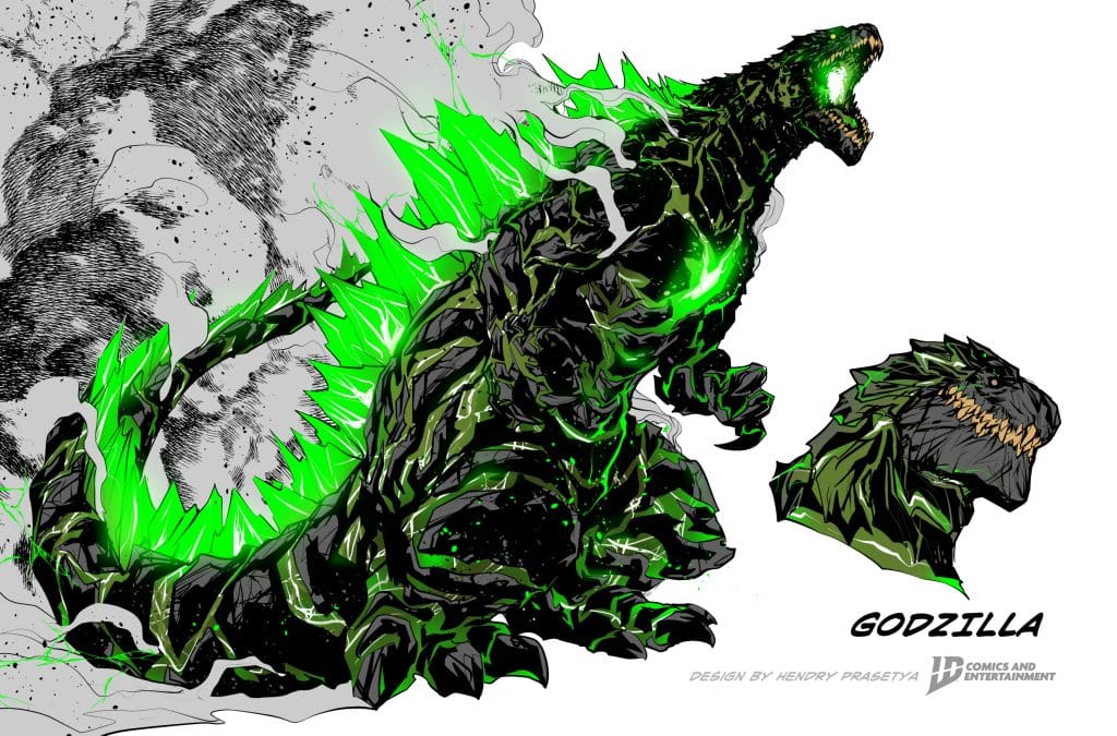 A dynamic illustration of Godzilla, featuring a black and green color scheme with glowing accents, surrounded by smoke and debris, showcasing a menacing pose with an additional image of Godzilla's head in profile.