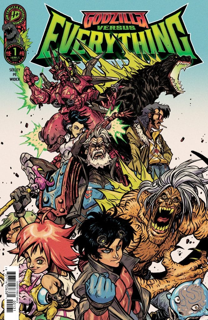 Comic book cover featuring Godzilla and a diverse group of characters, including monsters and humans, with vibrant colors and dynamic poses, titled 'Godzilla versus Everything'.