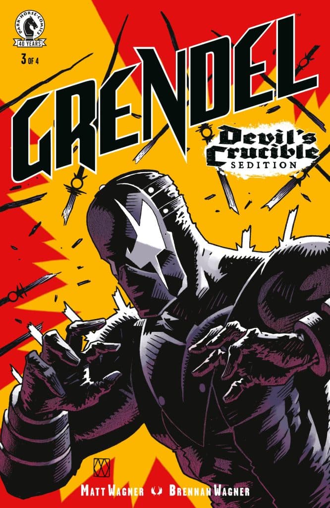 Cover of the comic book 'Grendel: Devil's Crucible Sedition' featuring a stylized character in a black costume with a star on the mask, surrounded by sharp objects and dramatic red and yellow background.
