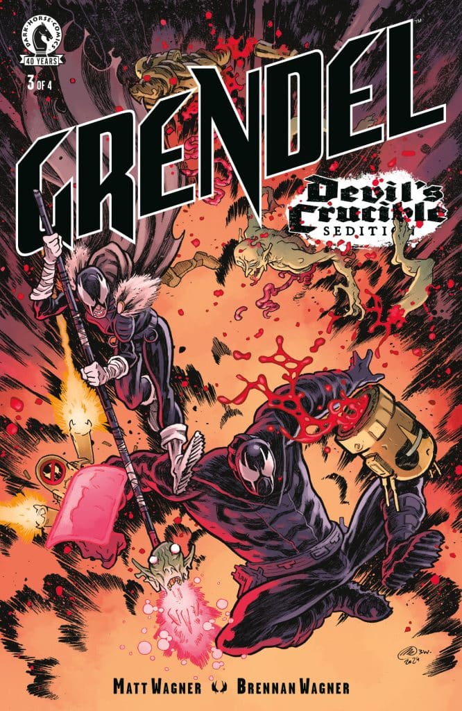 Cover art of the comic book 'Grendel: Devil's Crucible' featuring two characters in dynamic poses, one with a hammer and the other wielding a weapon, amidst a backdrop of vivid colors and splashes of red.