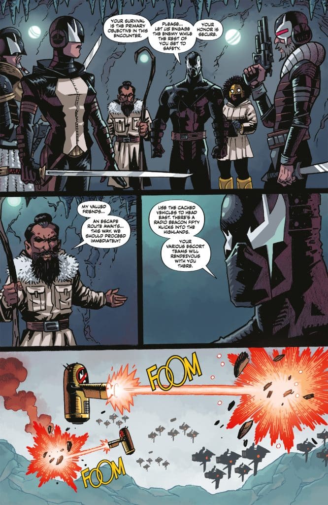 A comic book scene featuring several characters discussing a strategy for survival in a cave. One character, dressed in black and white, talks about engaging the enemy, while another character, carrying a weapon, prepares for action. The second panel shows a spacecraft launching with explosions in the background, emphasizing urgency and danger.