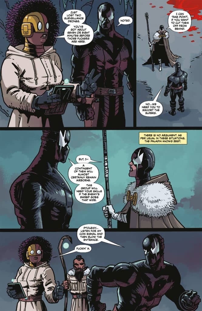 A comic book panel featuring three characters engaged in a conversation. One character with curly hair and goggles holds a device, while another character in a black suit stands nearby. A cloaked figure with a staff is seen in the background, hinting at a tense situation. The scene is set against a moody backdrop with blood stains on the ground.