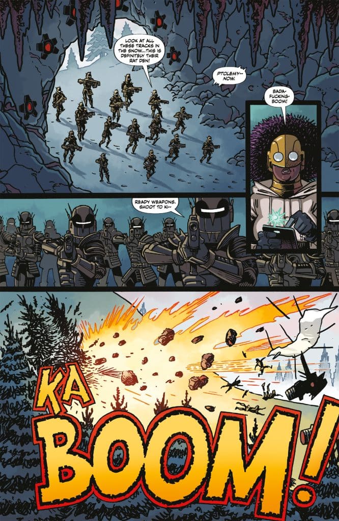 A comic page featuring soldiers in a snowy cave setting, discussing tracks in the snow. The scene shifts to an explosion with the onomatopoeic sound 'KA BOOM!' prominently displayed.