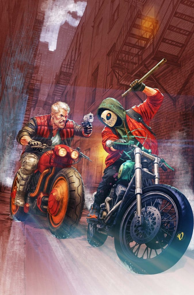 A dynamic street scene featuring two characters on motorcycles engaged in a dramatic chase. One character, wearing a red jacket, is brandishing a gun, while the other, dressed in a green hoodie and mask, holds a pair of sticks. The background showcases an alleyway with buildings and fire escapes, enhancing the intensity of the action.