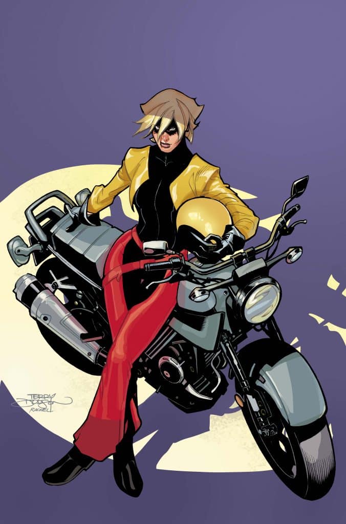 A stylish character with blonde hair and sunglasses wearing a black top and yellow jacket, sitting on a motorcycle with red pants, set against a purple background.