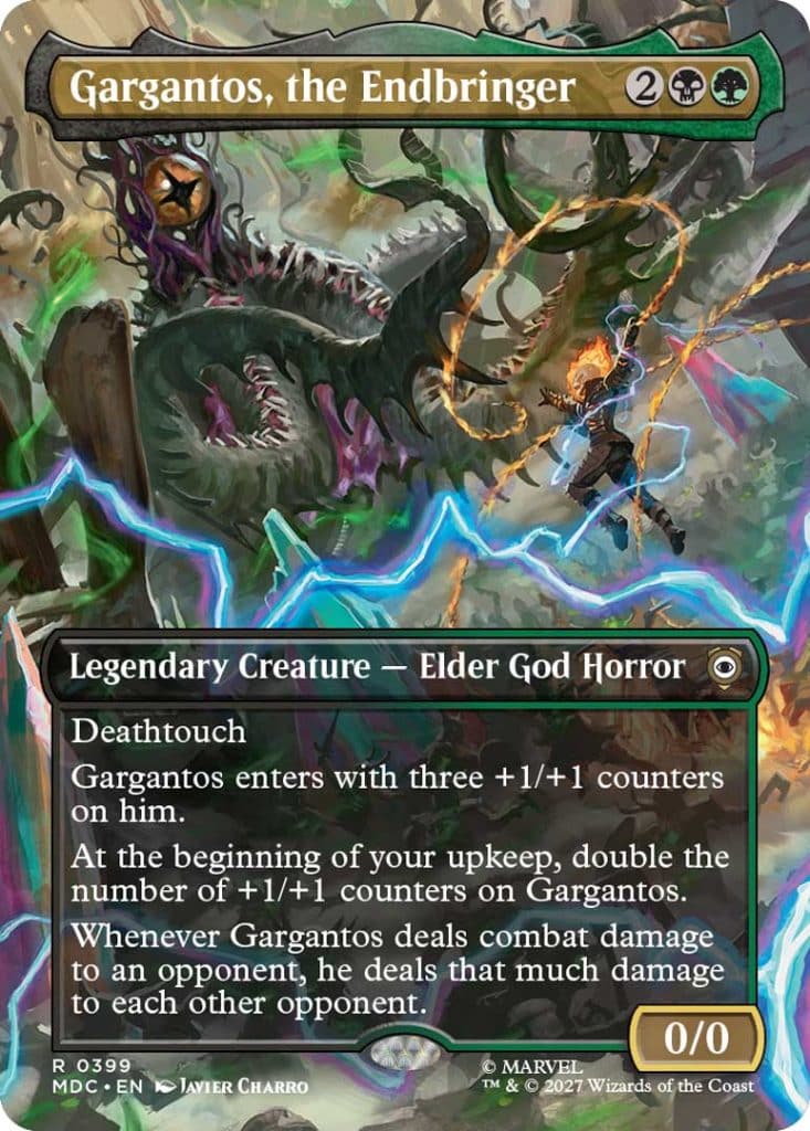 Card illustration of Gargantos, the Endbringer, a legendary creature characterized as an Elder God Horror with death touch. The creature has multiple eyes and tentacles, surrounded by a chaotic, mystical environment.