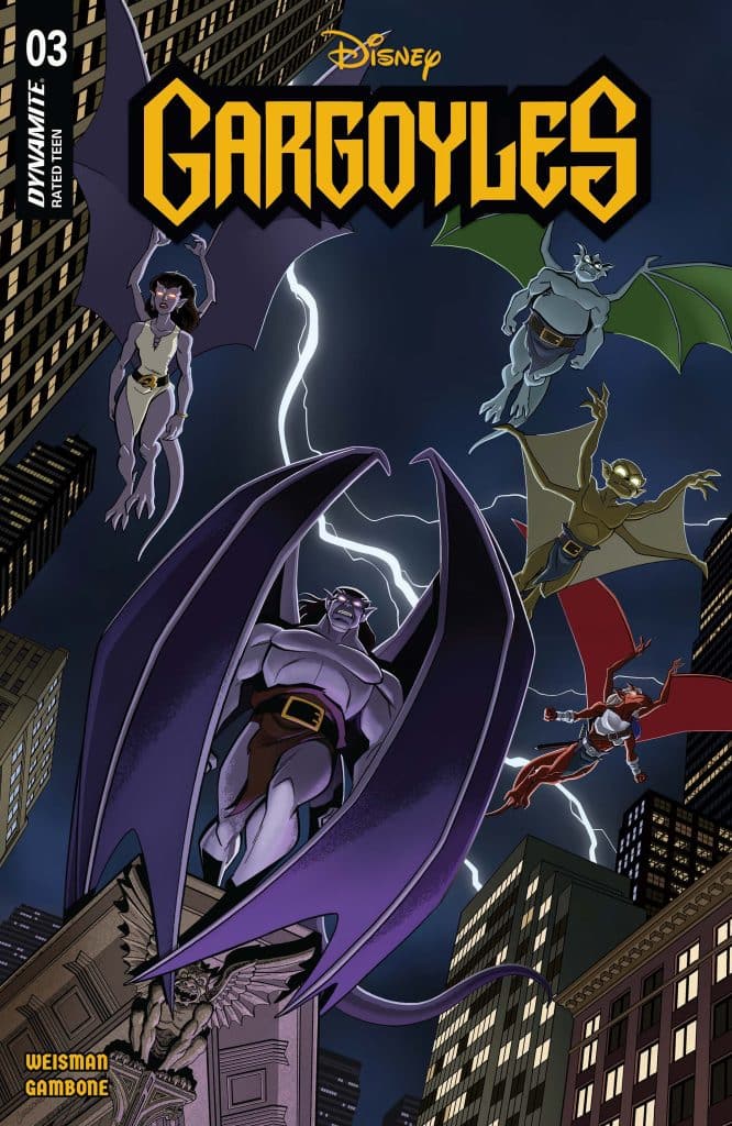 Cover of Disney's Gargoyles comic issue 03, featuring multiple gargoyle characters flying against a stormy night sky with lightning, and a city skyline in the background.