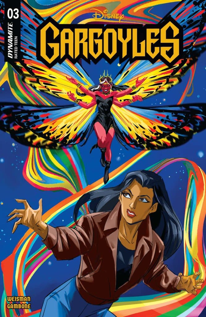 Cover of Disney's Gargoyles comic issue 03, featuring a superhero character with butterfly wings and a woman in a brown jacket, both against a colorful, swirling background.