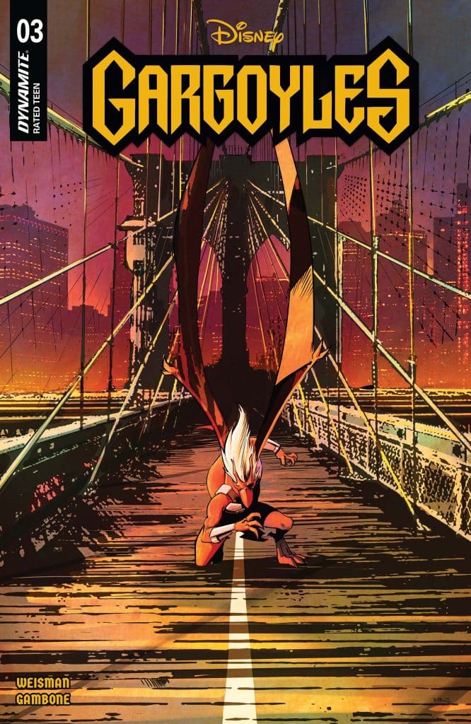 Cover of Disney's Gargoyles comic issue #3 featuring a character poised dramatically on a bridge with a city skyline in the background.