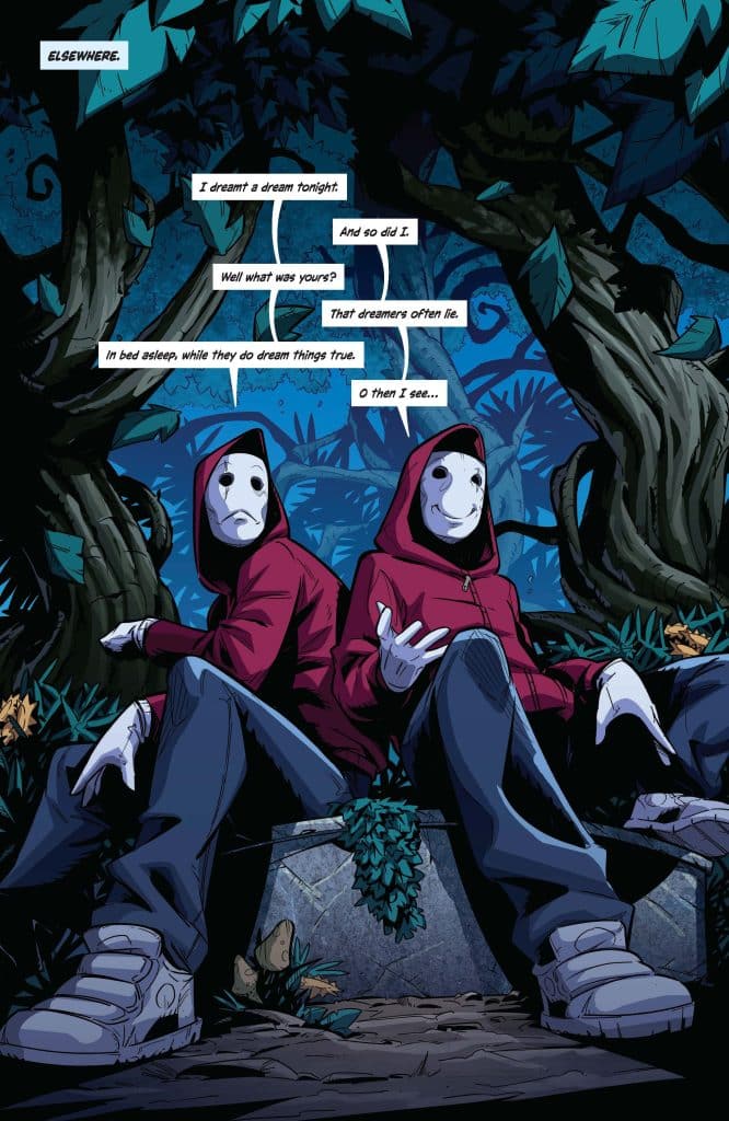 Two masked figures in red hoodies sitting against a backdrop of dark, dense foliage, engaged in conversation about dreams, with speech bubbles displaying their dialogue.