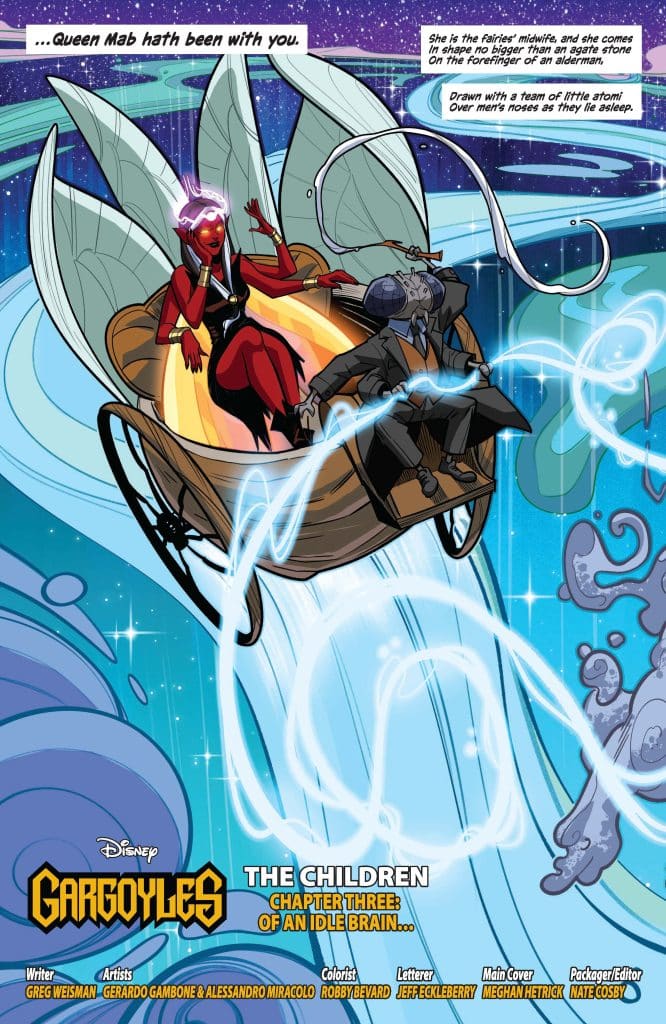 An illustration from Disney's Gargoyles featuring a red-skinned fairy named Mab and a figure in a suit sitting in a whimsical boat with glowing elements, traveling through a starry background.