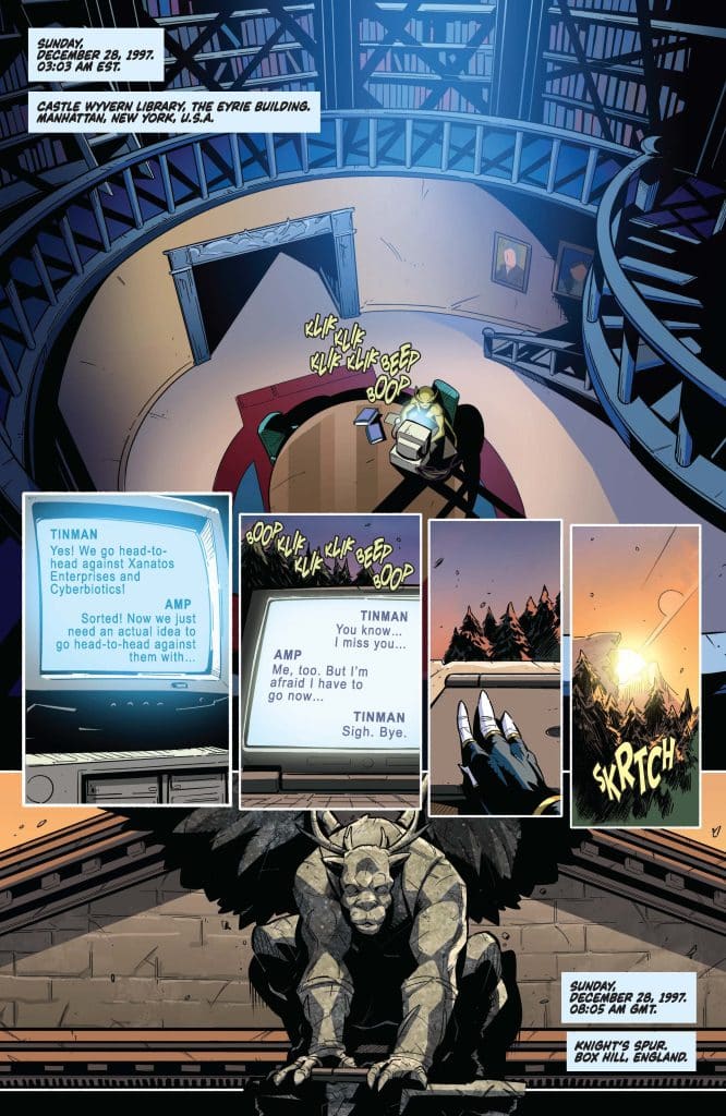 A dimly lit library featuring a round reading area with a gothic design, showing a person working at a table surrounded by bookshelves. Monitors display a text conversation between two characters, hinting at a narrative about upcoming challenges. A stone gargoyle statue is positioned in the foreground, adding to the atmosphere.