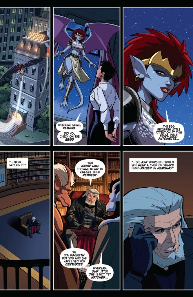 A comic panel featuring a winged character named Demona greeting a woman at night, discussing an 'egg.' The scene shifts to a conversation between two men about the potential dangers of raising a child with Demona.