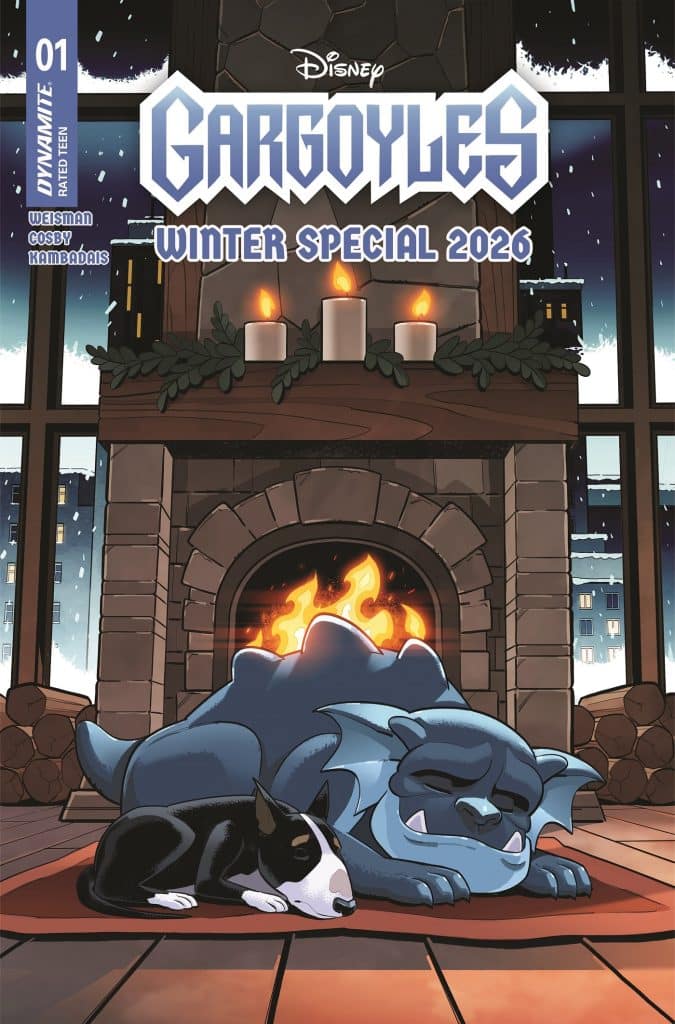 Cover of Disney's 'Gargoyles: Winter Special 2026' featuring a cozy scene with a blue gargoyle and a black and white dog sleeping in front of a fireplace, decorated with candles and winter scenery visible through windows.