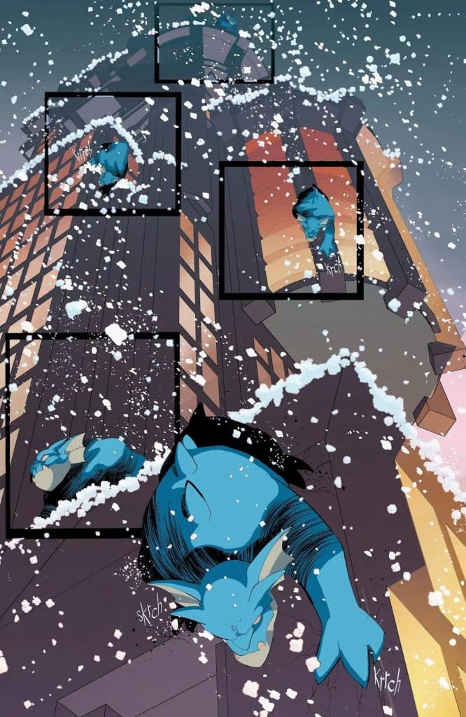 A comic panel depicting a blue character climbing a tall building amidst falling snow, with several close-up frames showing different angles of the character in action.