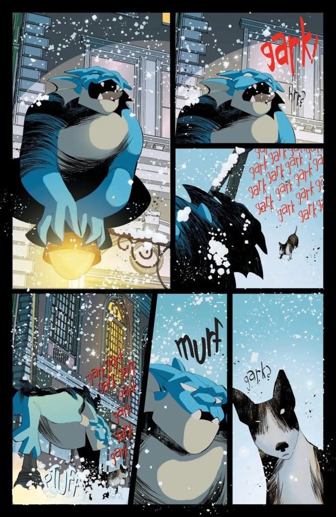 A cartoon scene featuring a blue, muscular creature making a 'gark!' sound while standing in the snow. A small dog is visible, also in the snow, reacting to the creature. The background includes a building with snowflakes falling.