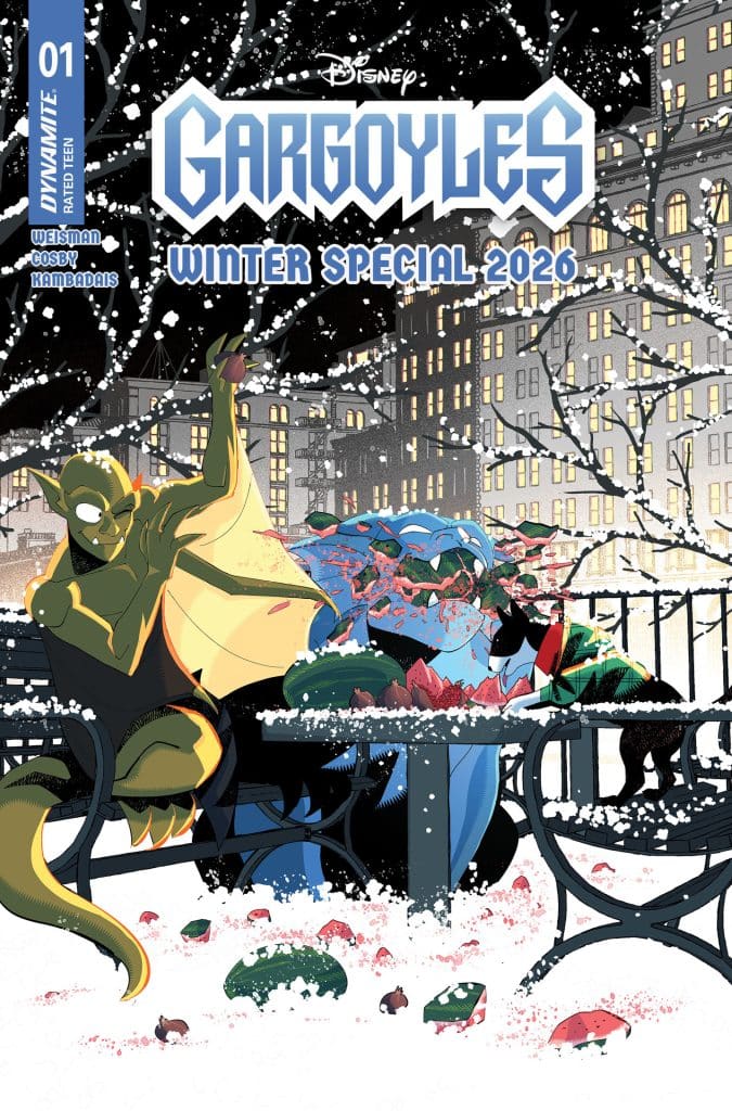 Comic book cover for Disney's Gargoyles Winter Special 2026, featuring two gargoyle characters sitting at a table in a snowy park setting, with snowflakes falling and city buildings in the background.